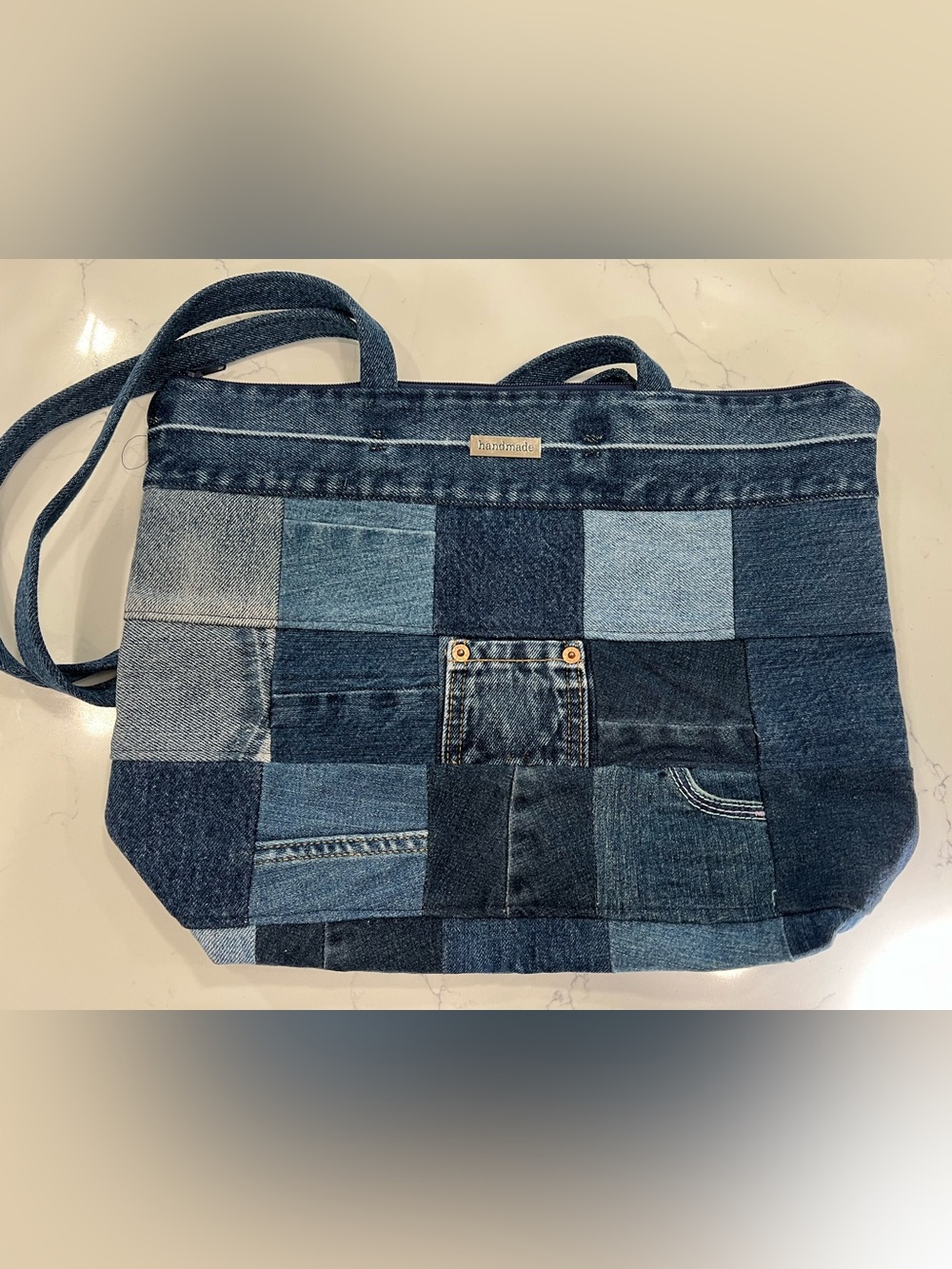 Handmade Patchwork Denim‎ Tote with Pockets, Button Closure, Distressed Finish